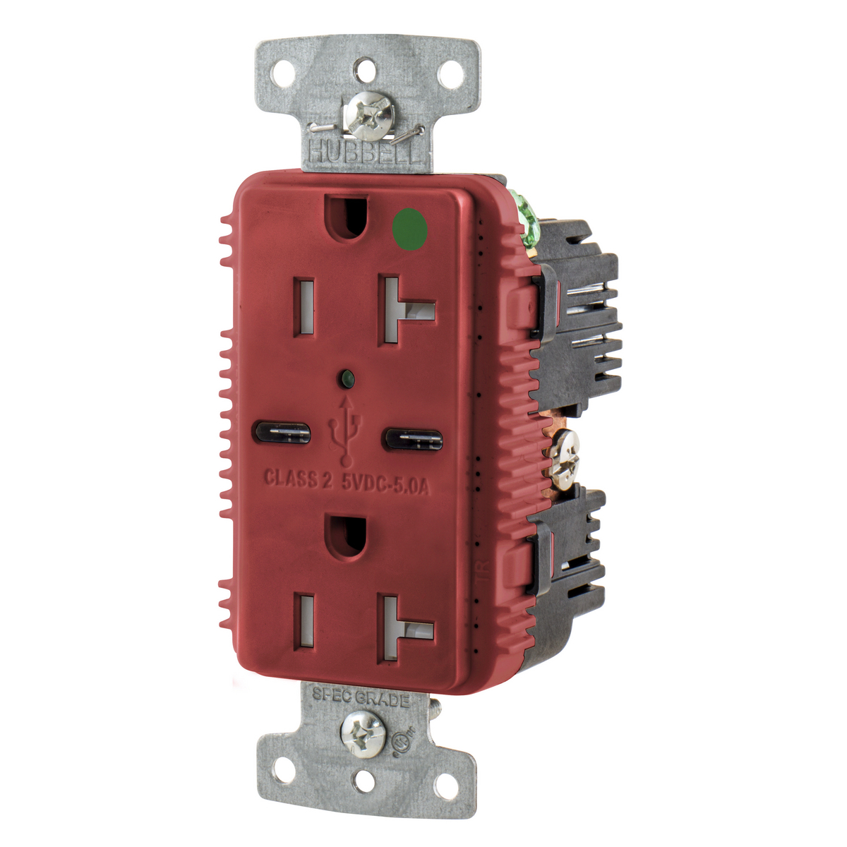 USB Charger Duplex Receptacle, HospitalGrade, 20A 125V, 2-Pole 3-Wire Grounding, 5-20R, 2) 5A "C" Ports, Red