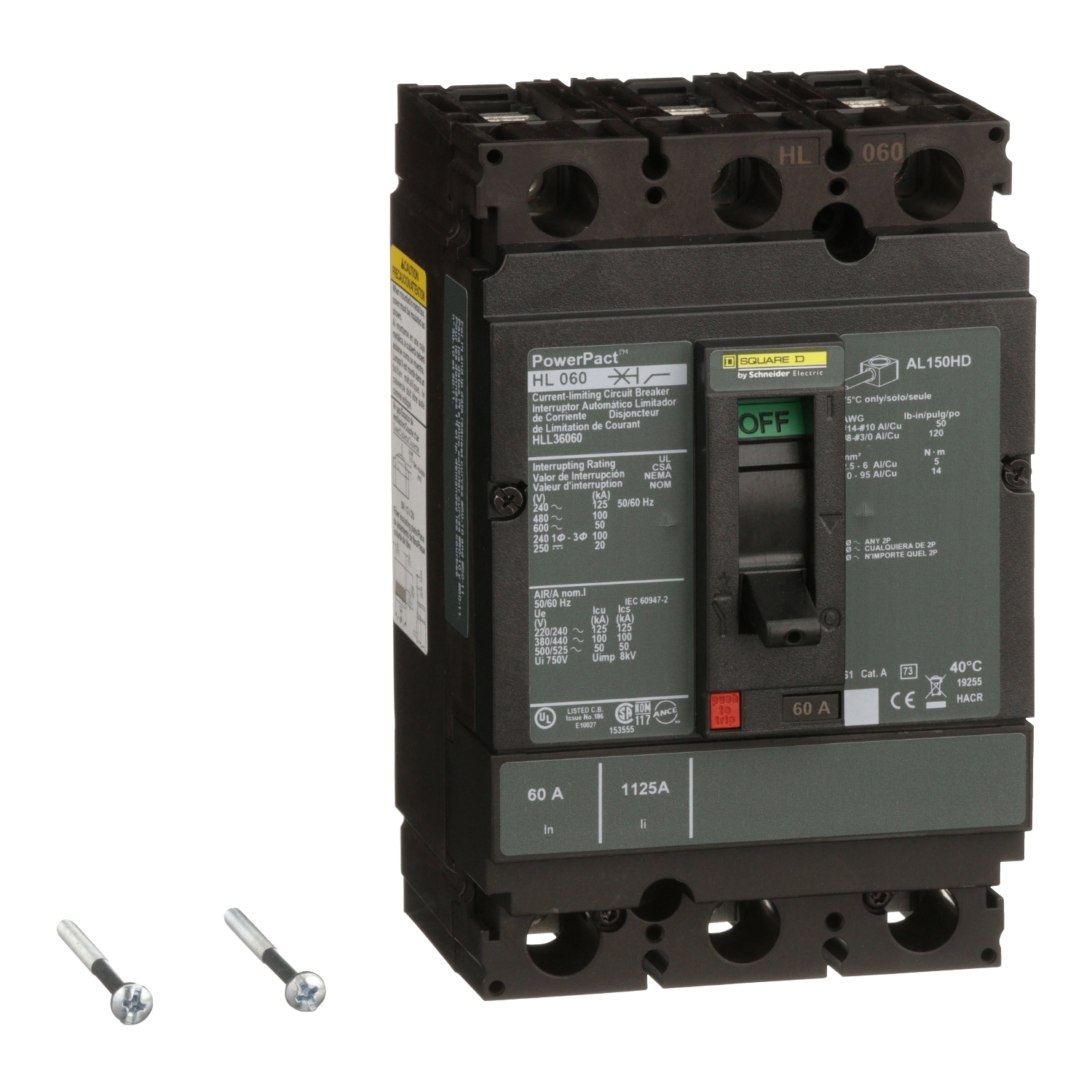 Circuit breaker, PowerPacT H, 60A, 3 pole, 600VAC, 50kA, lugs, thermal magnetic, 80%