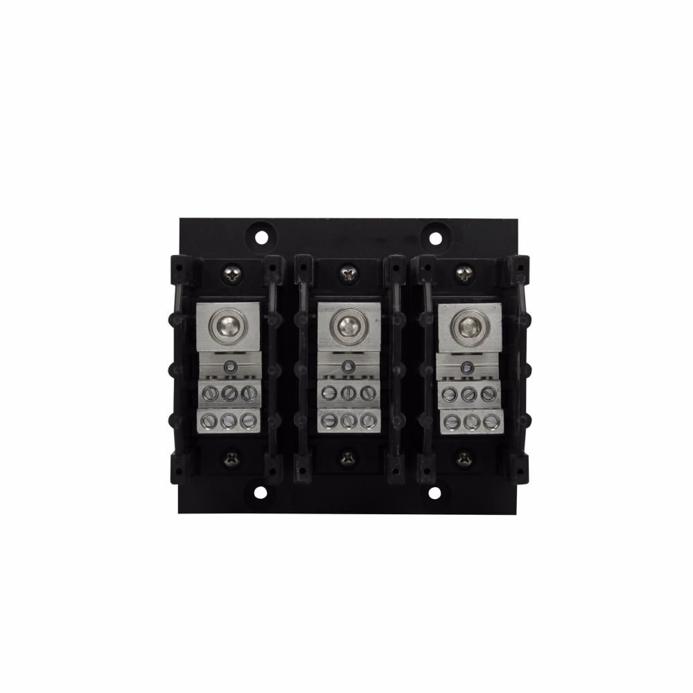 Eaton Bussmann series PDB power distribution block, IP-20 Finger-safe, 600 Vac, 600 Vdc, 310A, Power distribution block, Three-pole, SCCR: 200 kA (8 To 4 AWG), 100 kA (12 To 4 AWG), Panel, Tin-plated aluminum connectors
