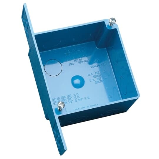Two Gang Outlet Box, Volume 30.3 Cubic Inches, Length 4 Inches, Width 4 Inches, Depth 2.40 Inches, Number of Knockouts 7, Knockout Size 1/2 Inch and 3/4 Inch, Material PVC