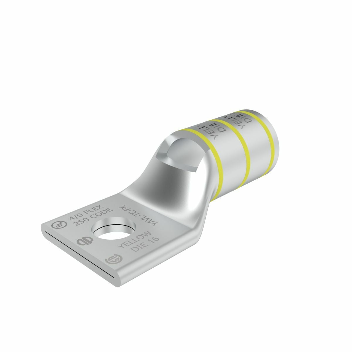 250 kcmil, 4/0 G,H,I,K,M,DLO CU, One Hole, 3/8 Stud Size,  Standard Barrel, Inspection Window Internal Chamfer, Tin Plated, UL/CSA, 90?C, Up to 35kV, Yellow Color Code, 16 Die Index.