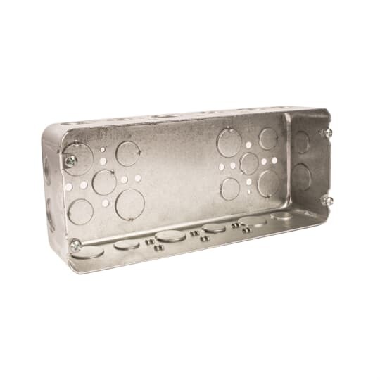 Four Gang Drawn-Style Gang Box, 110 Cubic Inches, 10-7/16 Inches Long x 4-1/2 Inches Tall x 2-1/2 Inches Deep, 1/2 Inch and 3/4 Inch Knockouts, Pre-Galvanized Steel, Drawn Construction, For use with Conduit