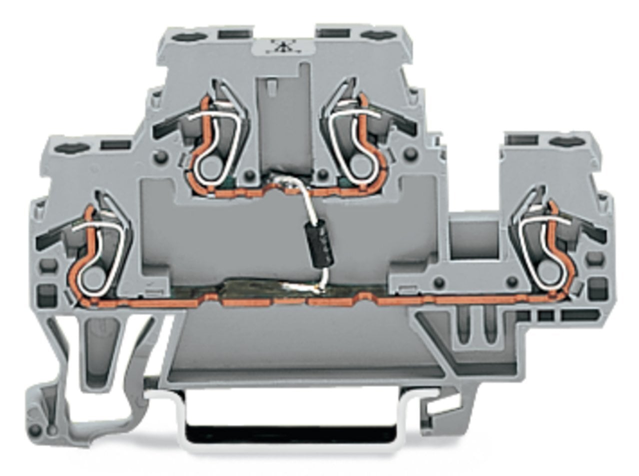 Component terminal block; double-deck; with diode 1N4007; anode, left side; for DIN-rail 35 x 15 and 35 x 7.5; 2.5 mm; CAGE CLAMP; 2,50 mm; gray