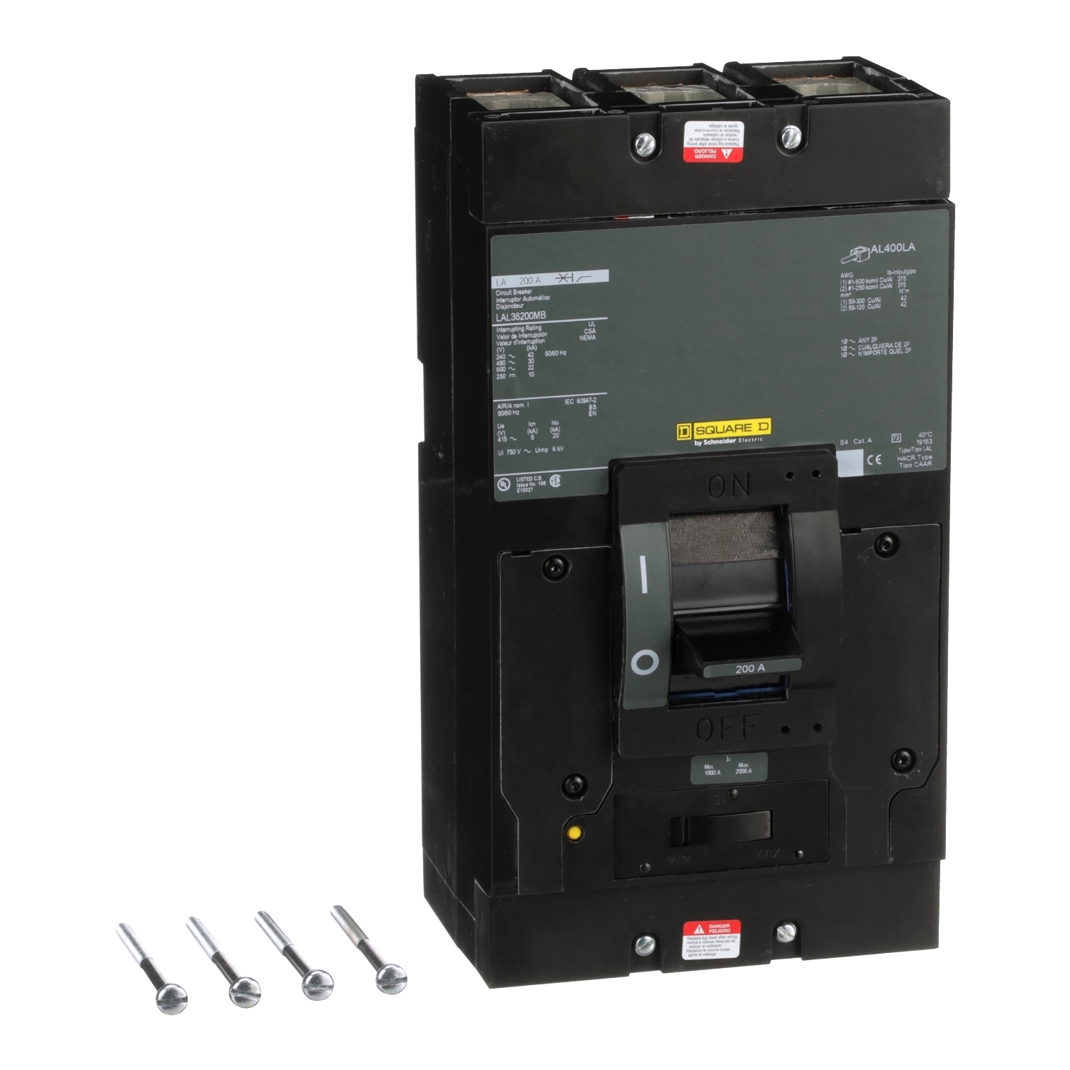 Circuit breaker, LA, 200A, 3 pole, 600VAC, 22kA, 250VDC, 10kA, lugs, thermal magnetic, short handle