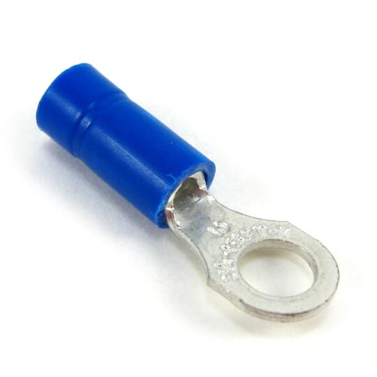 Vinyl Insulated Ring Terminal with 90 Degree Bend, Length .97 Inches, Width .31 Inches, Maximum Insulation .170, Bolt Hole #8, Wire Range #18-#14 AWG, Color Blue, Copper, Tin Plated, 1,000 Pack