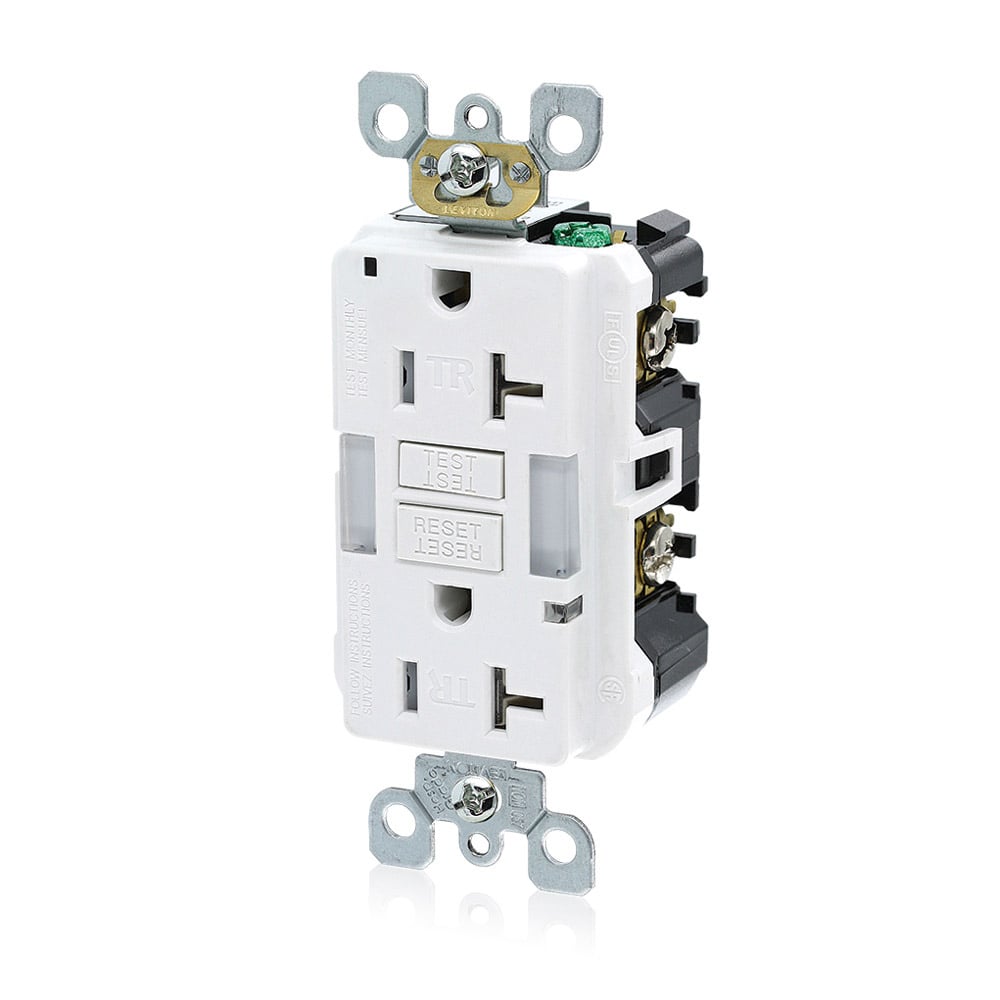 20 Amp, 125 Volt Receptacle/Outlet, 20 Amp Feed-Through, Tamper-Resistant, Self-test SmartlockPro Slim Guide Light GFCI, Monochromatic, back and side wired, self-grounding clip included, wallplate/faceplate sold separately - White
