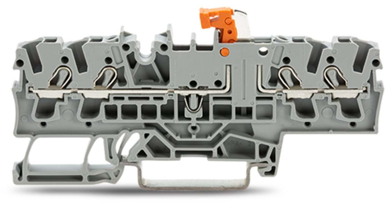 4-conductor disconnect/test terminal block; with test option; orange disconnect link; for DIN-rail 35 x 15 and 35 x 7.5; 2.5 mm; Push-in CAGE CLAMP; 2,50 mm; gray