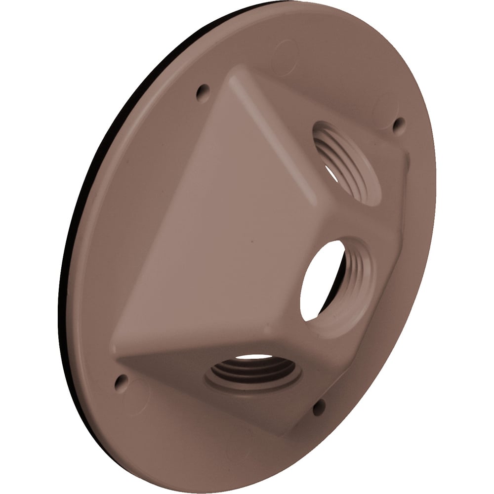 Brown non-metallic lampholder cover with (3) 1/2" threaded plugs and (3) 1/2" threaded openings.