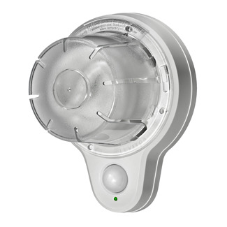 Compact Fluorescent Lampholder With Occupancy Sensor, Pig Tail Leads Polycarbonate Housing And Cover White, With 13W CFL Bulb And Clear Polycarbonate Lamp Guard Included, Rated 13W - 120VAC, 60hz