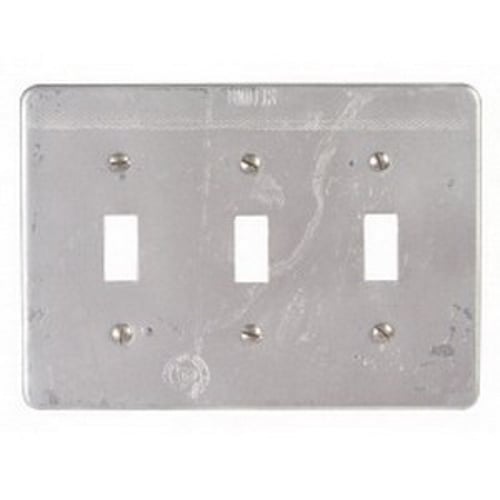Device Box Cover, Weatherproof, 3 Outlets, 3 Gangs, 4-9/16 in Length, 6-7/16 in Width, Tumbler/Toggle Flush Switch Cover, Vertical Mounting, Surface Mounting, Steel, Zinc Electroplated, Gray