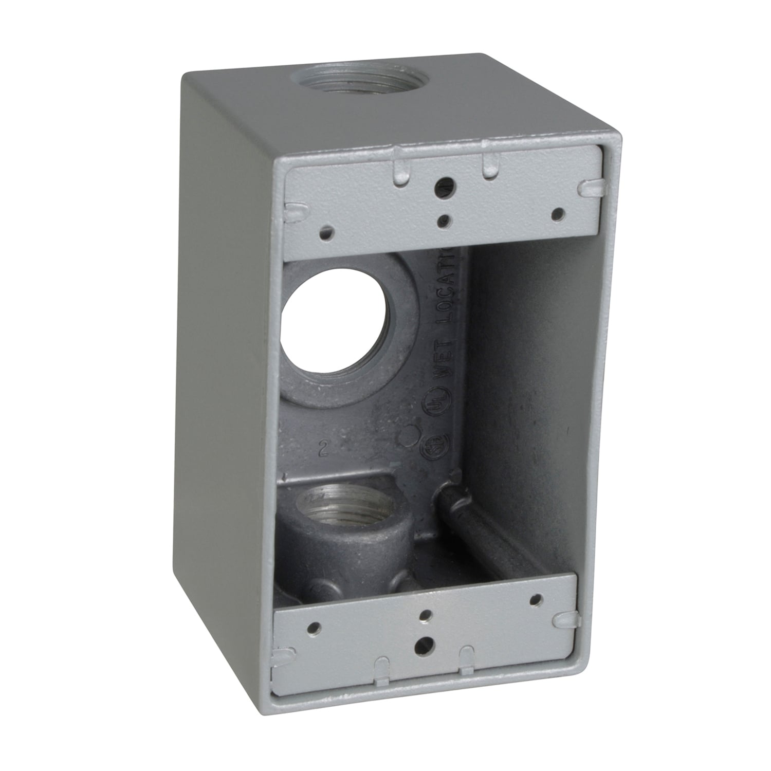 Single Gang Deep Universal Weatherproof Box, 24.8 Cubic Inches, Hub Size 3/4 Inch, Silver, Aluminum, 3 Outlets, Two on Top, and One on Bottom and Back