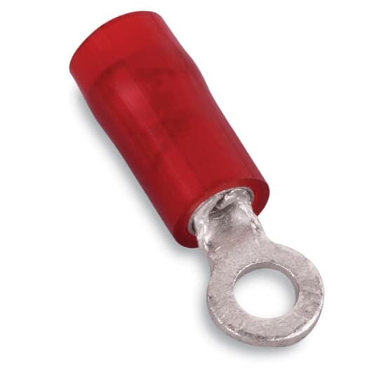 Nylon Insulated Ring Terminal, Length .89 Inches, Width .31 Inches, Maximum Insulation .136, Bolt Hole #10, Wire Range #22-#16 AWG, Color Red, Copper, Tin Plated, On Mylar Tape, 1,000 Pack