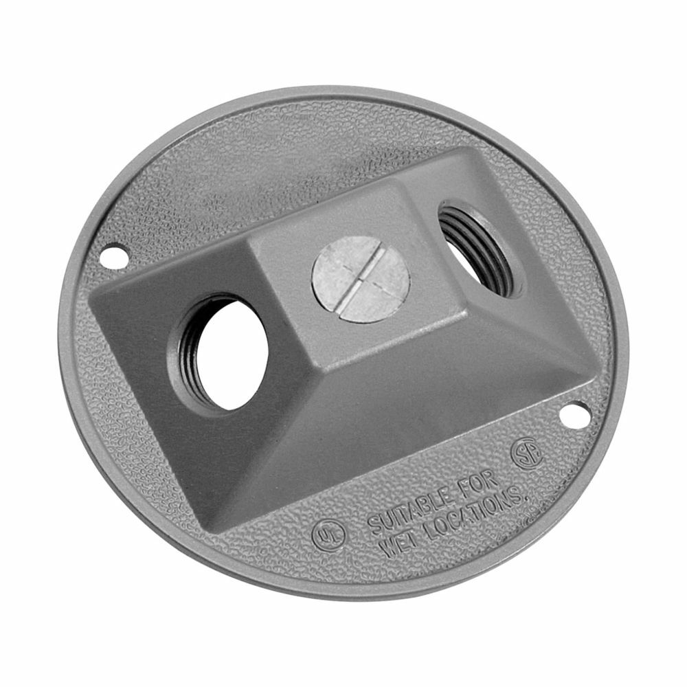 Eaton Crouse-Hinds series weatherproof lamp holder cover, Gray, Die cast aluminum, (2) 1/2" outlet holes, 4" round