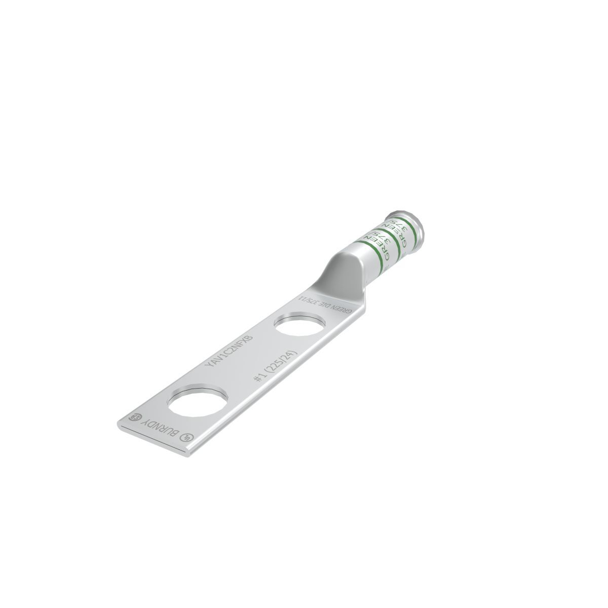1 Flex G,H,I,K,M,DLO, 1 AWG (B/C) CU, Two Hole, 1/2 Stud Size, 1-3/4 Hole Spacing, Long Barrel, Bell End, Tin Plated, UL/CSA, 90?C, Up to 35kV, Green Color Code, 11 or 375 Die Index.