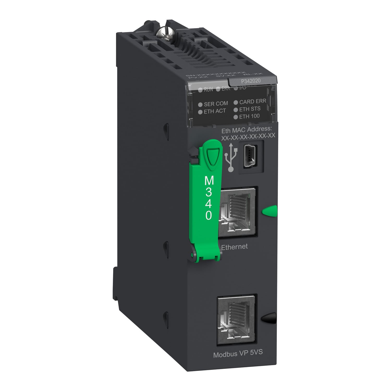 processor module M340, max 1024 discrete and 256 analog I/O, Modbus, Ethernet