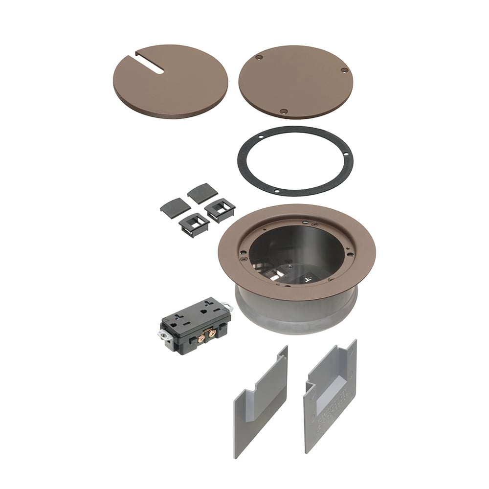 Two low voltage openings. Ultra-thin stamped steel brown powder-coated flange cover, flush-to-floor in-use and blank cover. Installed UL Listed 20A tamper-resistant decorator-style receptacle.