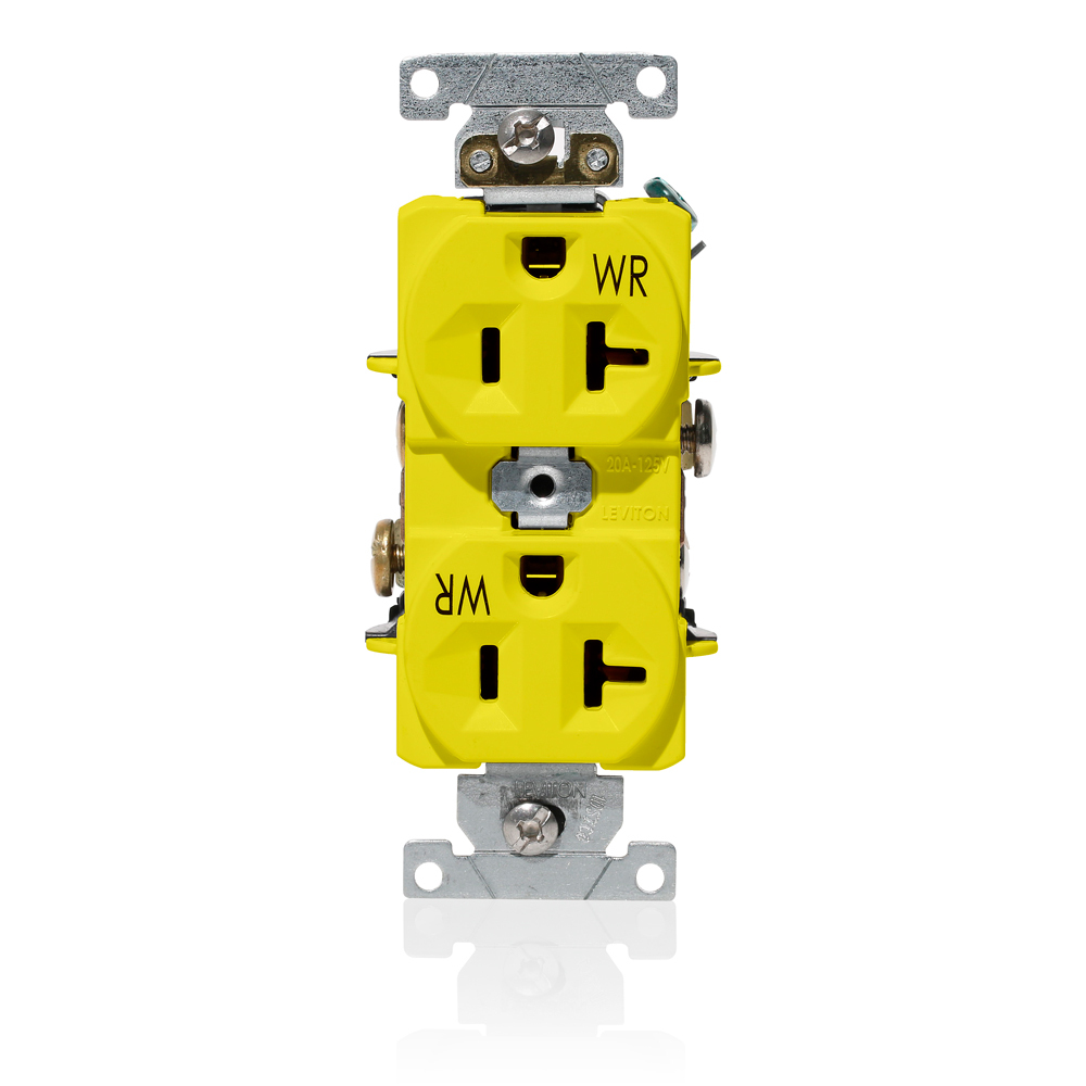 20-Amp, 125-Volt, Wide Body Duplex Receptacle, Straight Blade, Industrial Grade, Self Grounding, Weather Resistant, Yellow