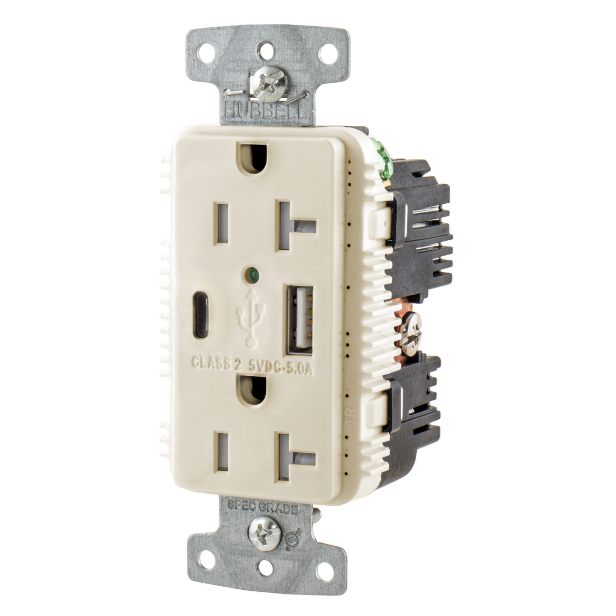 USB Charger Duplex Receptacle, 20A 125V,2-Pole 3-Wire Grounding, 5-20R, 1) 5A "C" USB and "A" Ports, LightAlmond