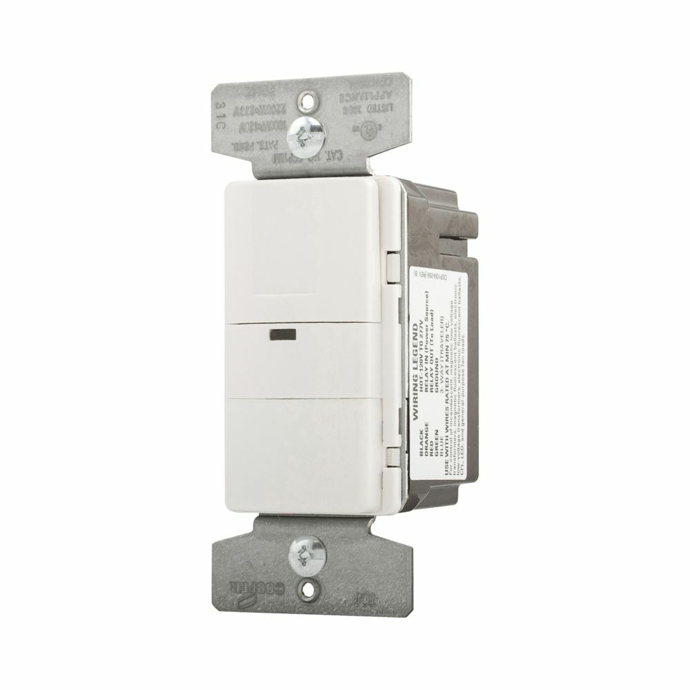 Eaton occupancy sensor switch, Decorator, Flush, 120/277V, Wire lead, White, Inc, MLV, ELV, Flr, halo, CFL, LED, Elec mtr lds, 1-pole, 3-way, 1-ph, 1000 sq ft, 2-rly, 800W (Inc/hal @120V), 1200W (Flr @120V), 2200W (Flr @277V) 729386