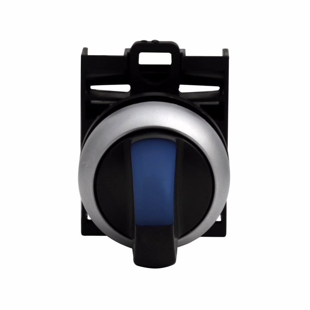 Eaton M22 modular pushbutton, M22 Modular Selector Switch Operator, 22.5 mm, Knob, Maintained, Return from left, Illuminated, Bezel: Silver, Button: Blue, IP66, NEMA 4X, 13, Three-position, Light 100,000 hours, Button 100,000 Operations