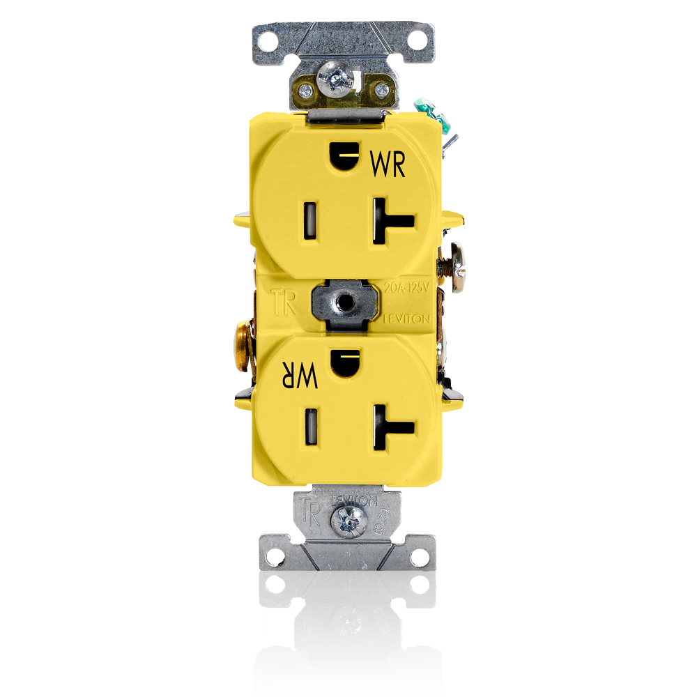 TO BE CHANGED - weather resistant receptacle, tamper resistant, duplex cof yellow. back and sided wired. commerical spec grad triple-combination-head screws.