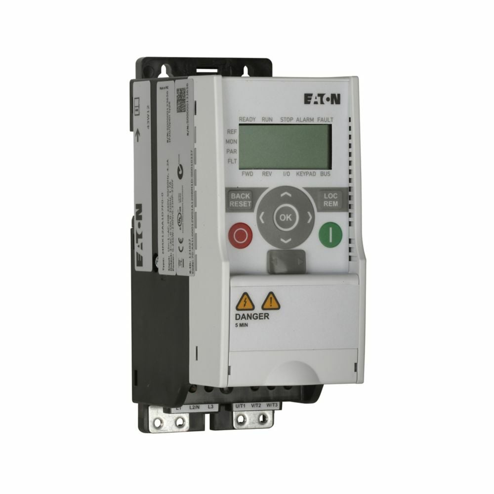 Eaton M-Max Series Adjustable Frequency AC Drives Basic Controller, Full version, AA software design series, EMC filter, FS1 frame, 380-480V, 460V, IP20 enclosure rating, 0.5 hp, 1.3A output, 2.2A input, Three-phase in, three-phase out