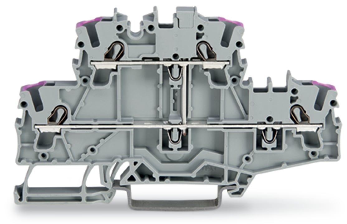 Double-deck terminal block; 4-conductor through terminal block; L; without marker carrier; suitable for Ex e II applications; internal commoning; conductor entry with violet marking; for DIN-rail 35 x 15 and 35 x 7.5; 2.5 mm; Push-in CAGE CLAMP; 2,50 mm; gray