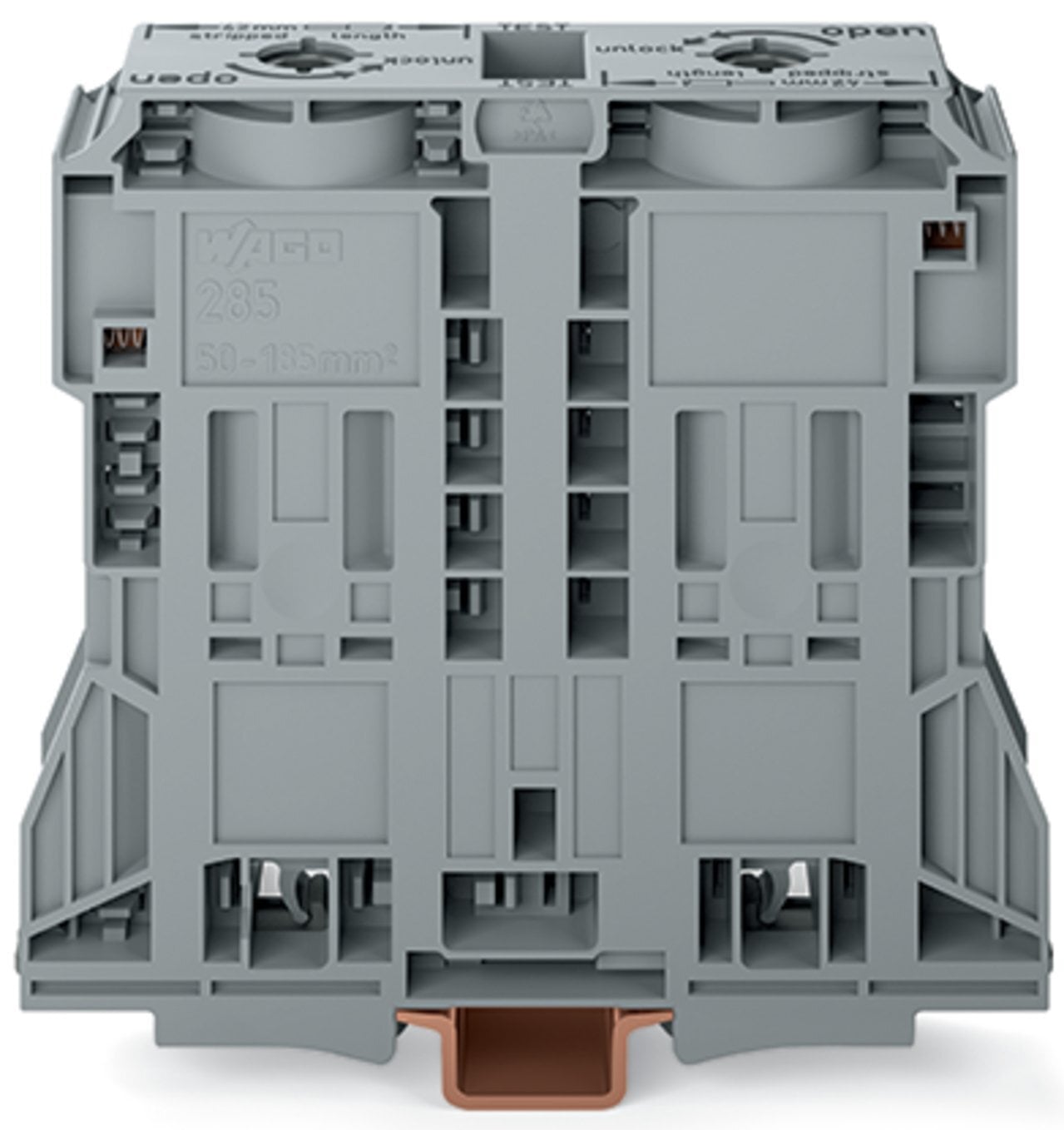 2-conductor through terminal block; 185 mm; lateral marker slots; only for DIN 35 x 15 rail; POWER CAGE CLAMP; 185,00 mm; gray