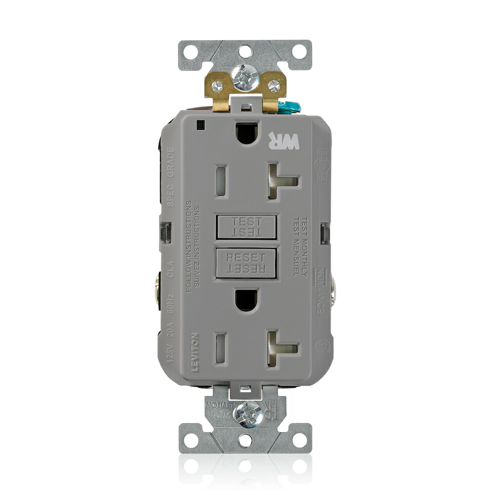 20 Amp, 125 Volt, SmartlockPro Self-Test GFCI Duplex Receptacle , NEMA 5-20R, 2P, 3W, Extra-Heavy Duty Industrial Grade, Weather & Tamper-Resistant, 20A Feed-Through, Back or Side Wired - GRAY