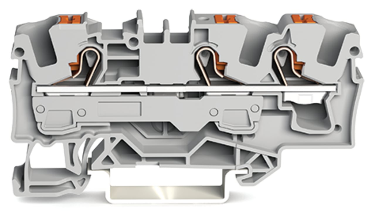 3-conductor through terminal block; with push-button; 6 mm; with test port; side and center marking; for DIN-rail 35 x 15 and 35 x 7.5; Push-in CAGE CLAMP; 6,00 mm; gray