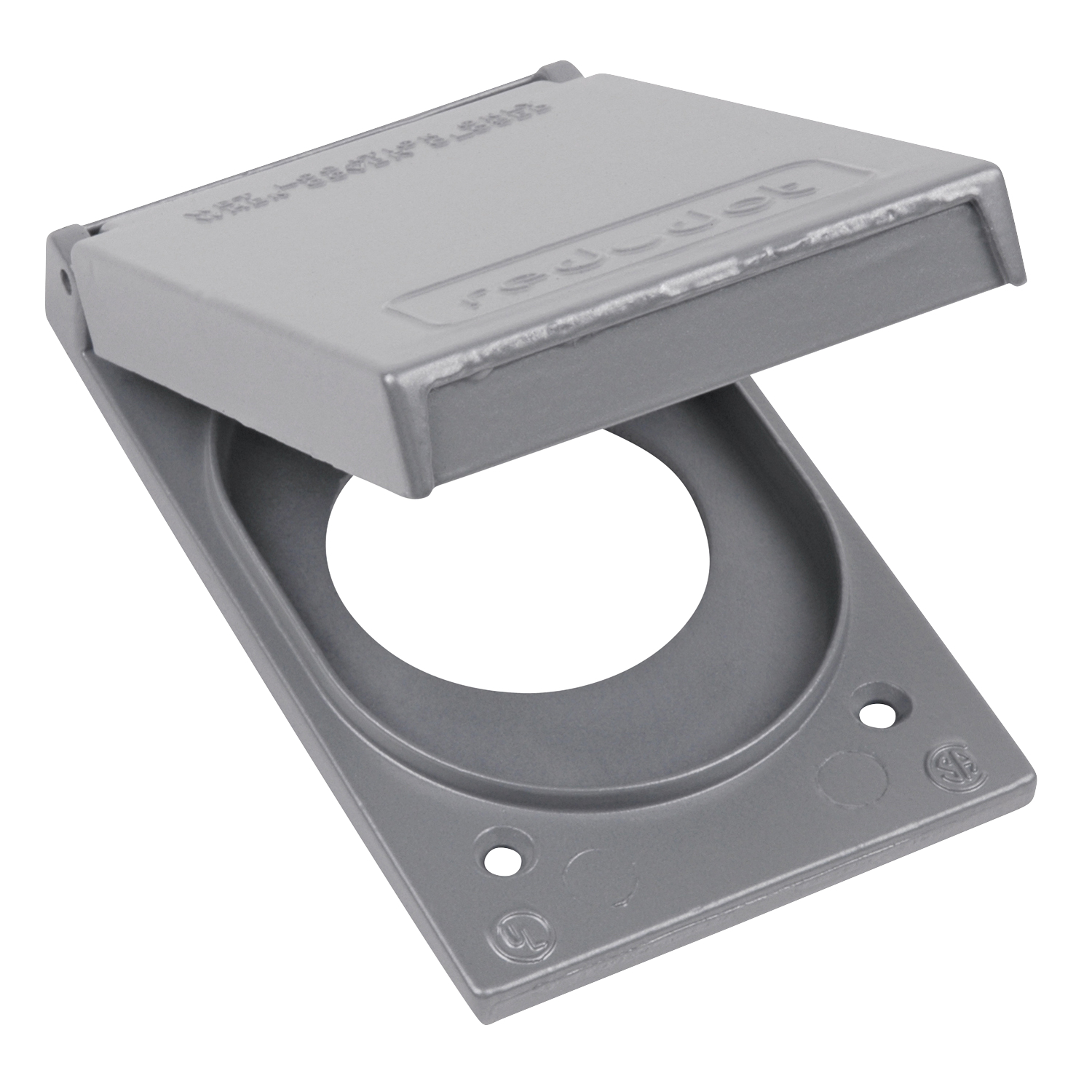 1 Gang Device Box Cover, Die Cast Aluminum, Single Receptacle Vertical, Box Mount, Nominal Size 1-3/8 Inch, Maximum Device Face Diameter 1.395 Inch, Gasket and Screws Included with Cover