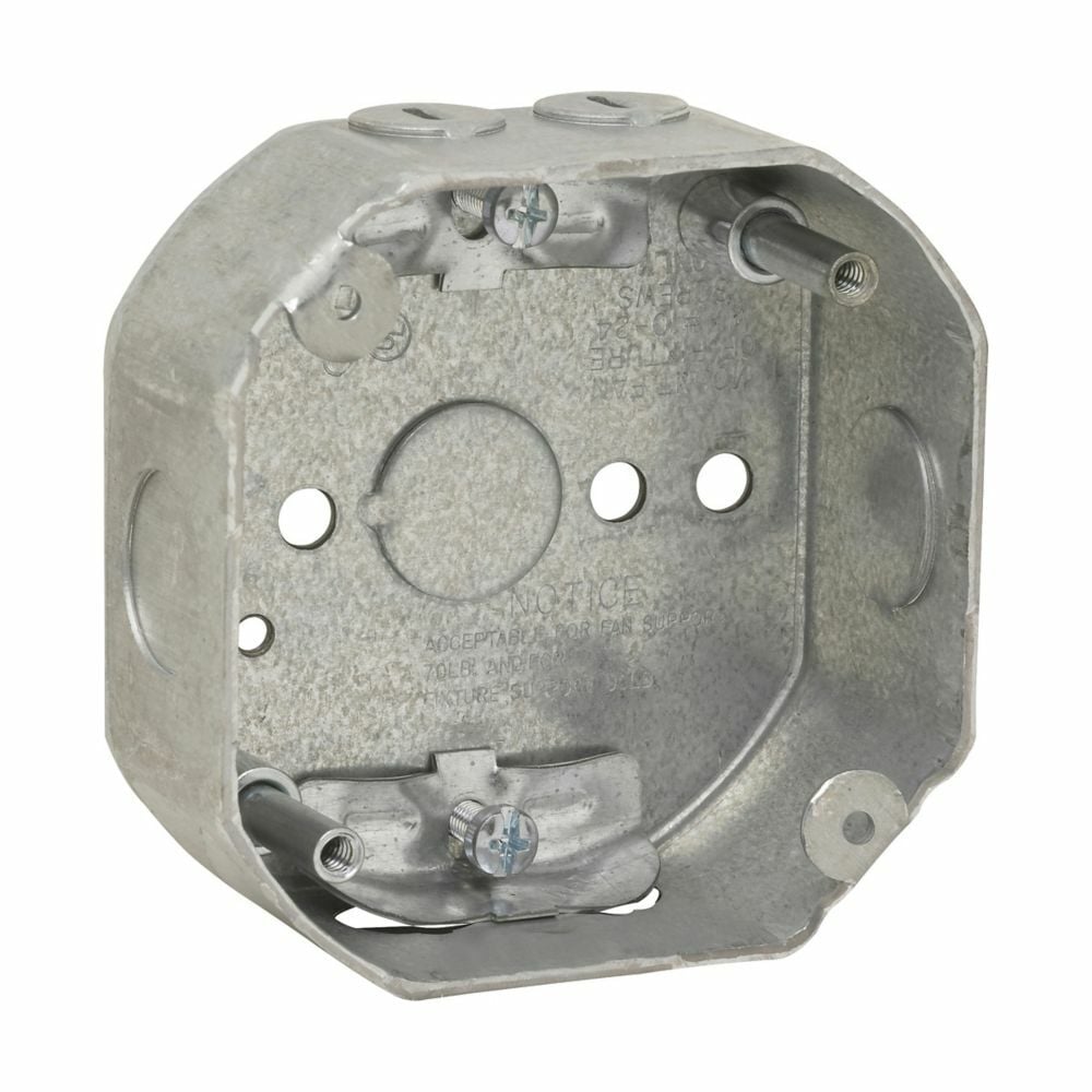 Eaton Crouse-Hinds series Ceiling Fan Box, (1) 1/2", 4", Yes, 4, 1-1/2", Steel, (2) 1/2", Fan rated, fixture rated, 15.5 cubic inch capacity