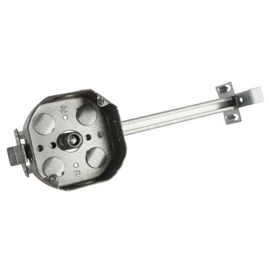 Octagon Box, 15.8 Cubic Inches, 4 Inch Diameter x 1-1/2 Inches Deep, 3/4 Inch Knockouts, Pre-Galvanized Steel, Drawn Construction, with Adjustable Bar Hanger 10-1/2 Inch to 18-1/2 Inch Offset for 1/2 Inch 3/4 Inch or 7/8 Inch Plaster and Maximum Horizontal Positioning with 3/8 Inch Fixture Stud, For use with Conduit