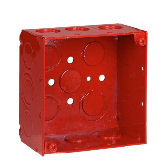 Square Box, 30.3 Cubic Inches, 4 Inch Square x 2-1/8 Inch Deep, 1/2 Inch and 3/4 Inch Eccentric Knockouts, Red, Galvanized Steel, Welded Construction, Ground Bump, For use with Conduit
