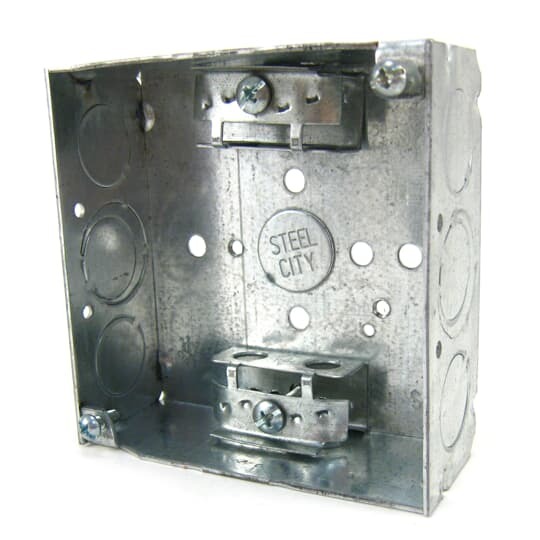 Square Box, 21 Cubic Inches, 4 Inch Square x 1-1/2 Inch Deep, 1/2 Inch and 3/4 Inch Eccentric Knockouts, Pre-Galvanized Steel, with Armored Cable Clamp (C-3), For Use with Armored/Metal Clad Cable