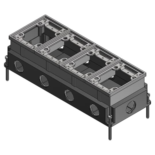 Four Gang Flush Service Floor Box, 148 Cubic Inches, Length 5-1/2 Inches, Width 12-15/16 Inches, Depth 3-5/8 Inches, 1 Inch Conduit Hubs, Aluminum
