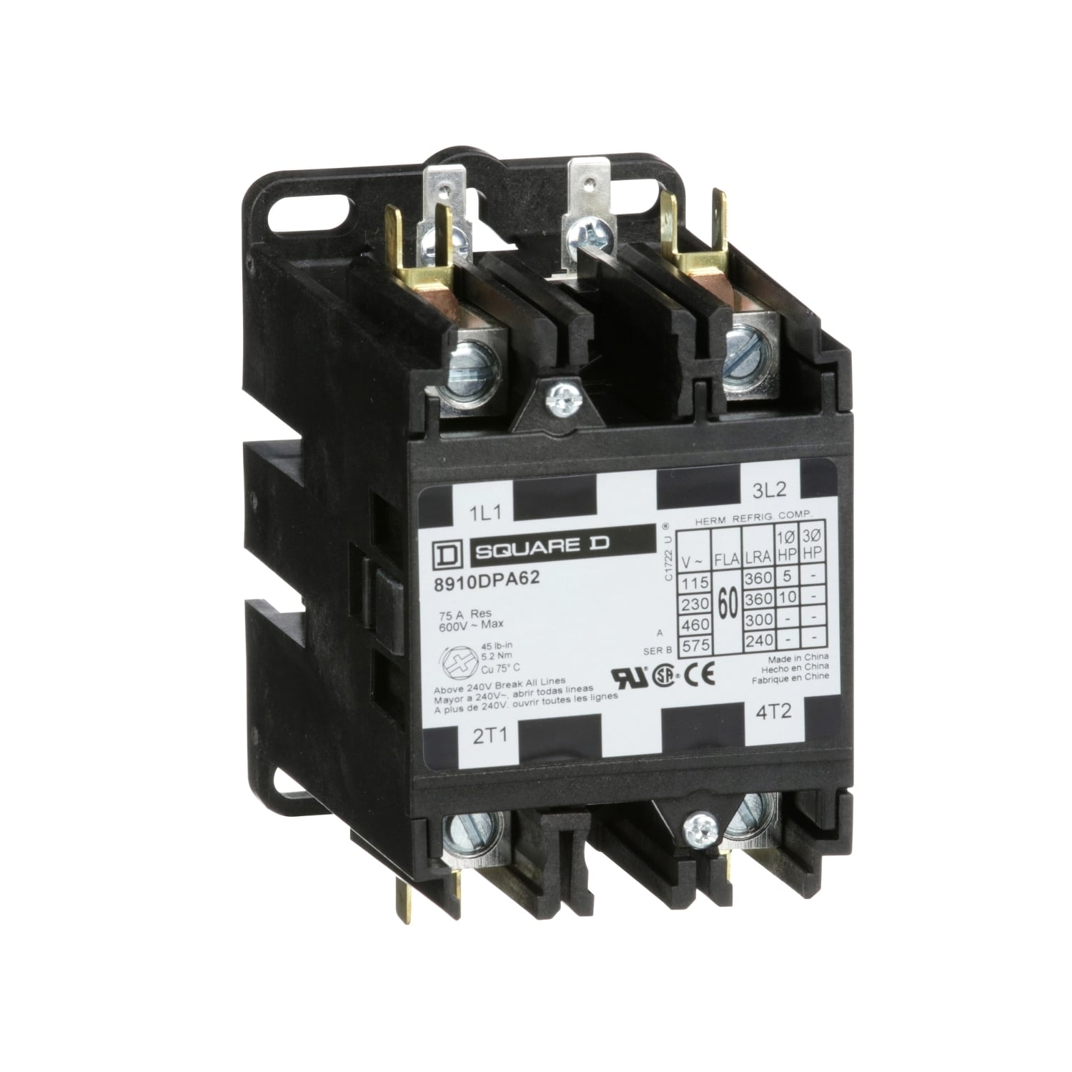 Contactor, Definite Purpose,  60A, 2 pole, 10 HP at 230 VAC, 1 phase, 110/120 VAC 50/60 Hz coil, open, UL Listed