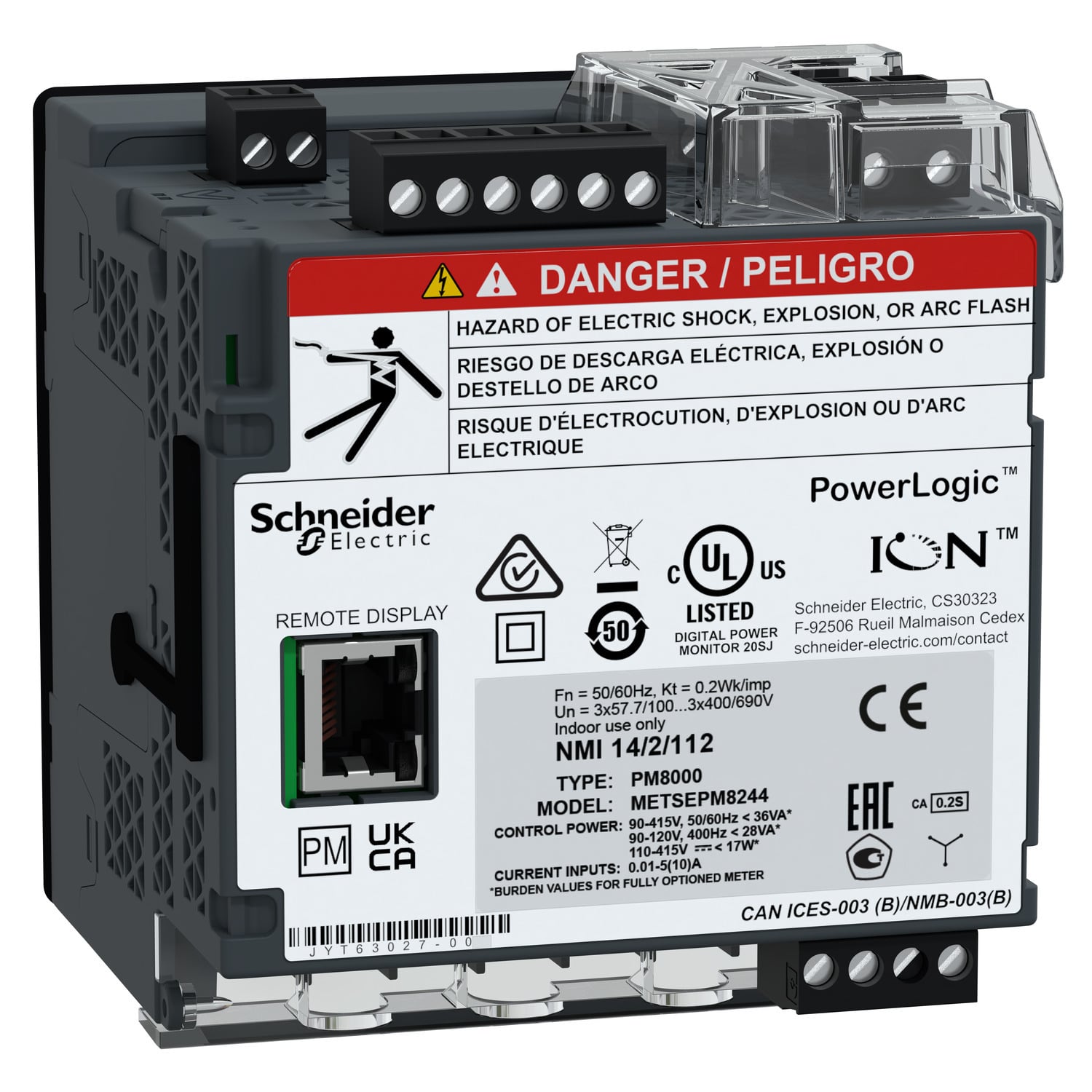 Power quality meter, PowerLogic PM8000, Standard, transducer and remote display, 512 MB, 256 s/c