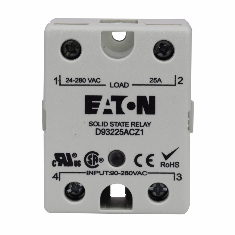 D93 Series Solid-State Relay, 3-32 Vdc input voltage, 24-280V output voltage, Zero cross switching type, 75A rated operational current, Green LED, SPST-NO contact configuration, IP20 enclosure