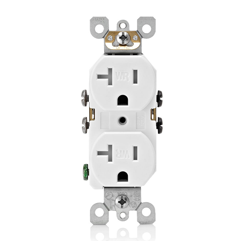 Duplex Receptacle. Straight Blade, Residential grade, Self Grounding, Side Wired Only, Steel Strap, 20A Weather Resistant, White