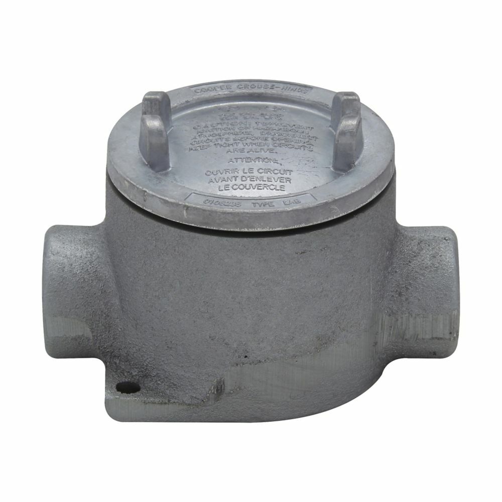 Eaton Crouse-Hinds series Condulet EAB conduit outlet box with cover, 3" cover opening diameter, Feraloy iron alloy, C shape, 1/2"