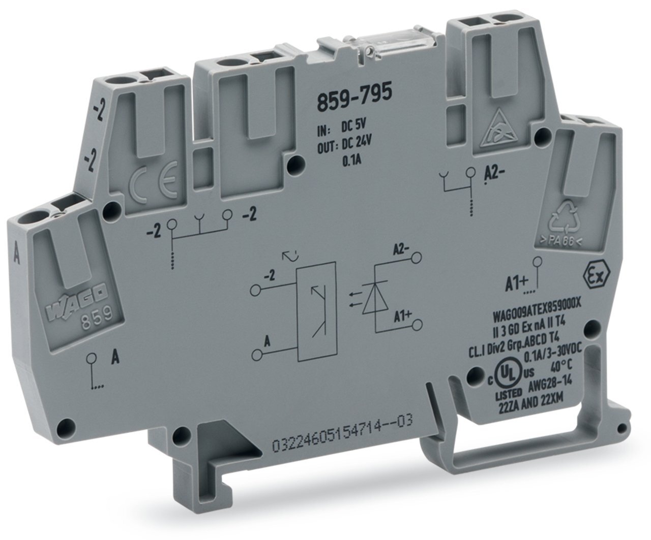 Optocoupler module; Nominal input voltage: 5 VDC; Output voltage range: 3  30 VDC; Limiting continuous current: 0.1 A; 2-wire connection; Railway; Frequency: 10 kHz; Module width: 6 mm; gray