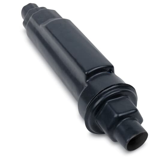 PVC Coated XJG Rigid Conduit Expansion Coupling with Internal Bonding Jumper, 1-1/2 Inch/41 Metric, Body is Malleable Iron with Zinc Plating, Internal Bonding Jumper is Tinned Copper Braid, Packing PTFE/Synthetic Fiber Material, 8 Inch/203.20 Millimeters Movement, Diameter 3.36 Inch/85.34 Millimeters, Length 14.56 Inch/369.82 Millimeters, Height 3.68 Inch/93.47 Millimeters, Gray