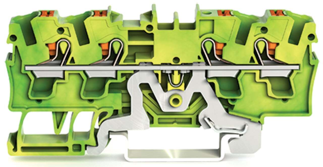 4-conductor ground terminal block; with push-button; 4 mm; with test port; side and center marking; for DIN-rail 35 x 15 and 35 x 7.5; Push-in CAGE CLAMP; 4,00 mm; green-yellow
