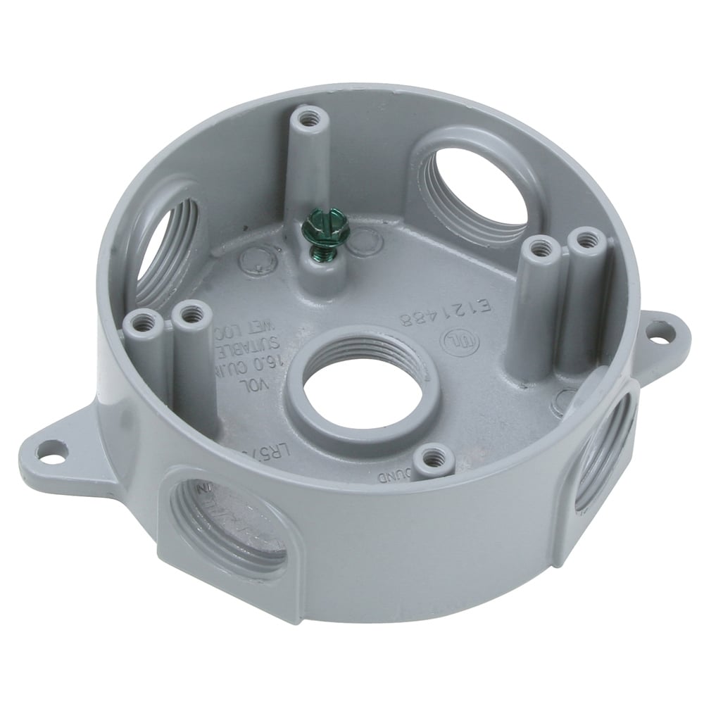 Weatherproof 4 Die Cast Aluminum Box, 5 Hole 3/4, 16.1 Cu.In., 4 Plugs Furnished, Gray