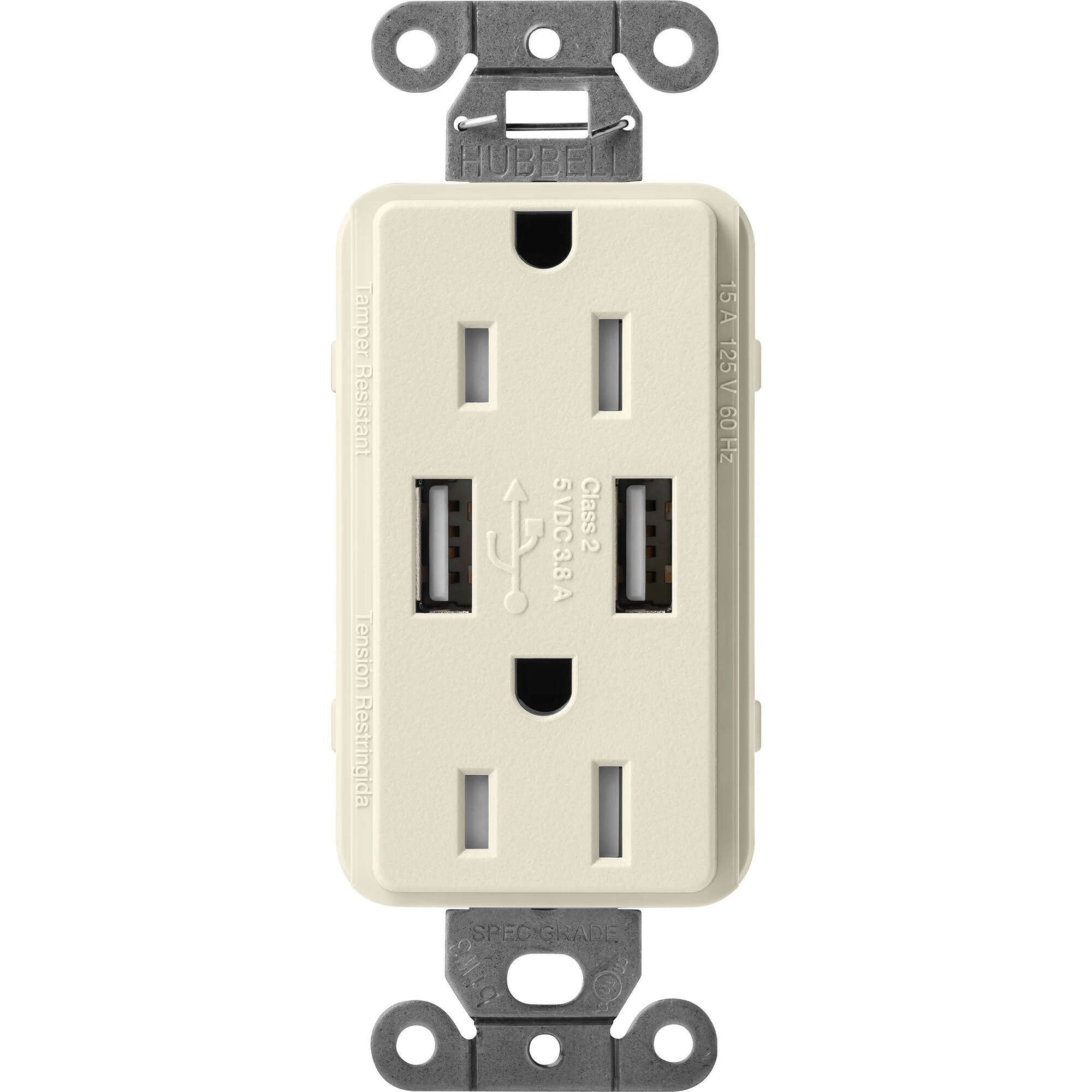 Lutron Claro USB Type A 2.0 Duplex Receptacle, 15 Amp, Pumice