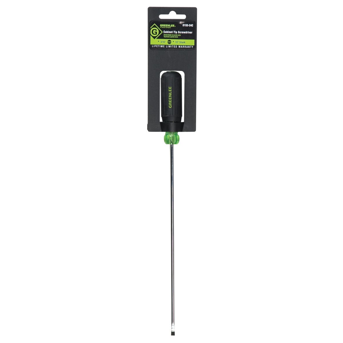 Heavy-Duty Cabinet Tip Screwdriver.  3/16" round shank x 10" flat blade screwdriver.  Narrow cabinet tip for limited access applications.  Handle marked for easy identification of screwdriver size, type and length.  Precision-machined tips for accurate fastener contact.  Strong, durable black phosphate tips prevent chipping of plating.  Soft, cushioned grip for extra comfort and torque.  Exceeds ASME/ANSI specifications.  Lifetime limited warranty.  Note: This is not an insulated tool.