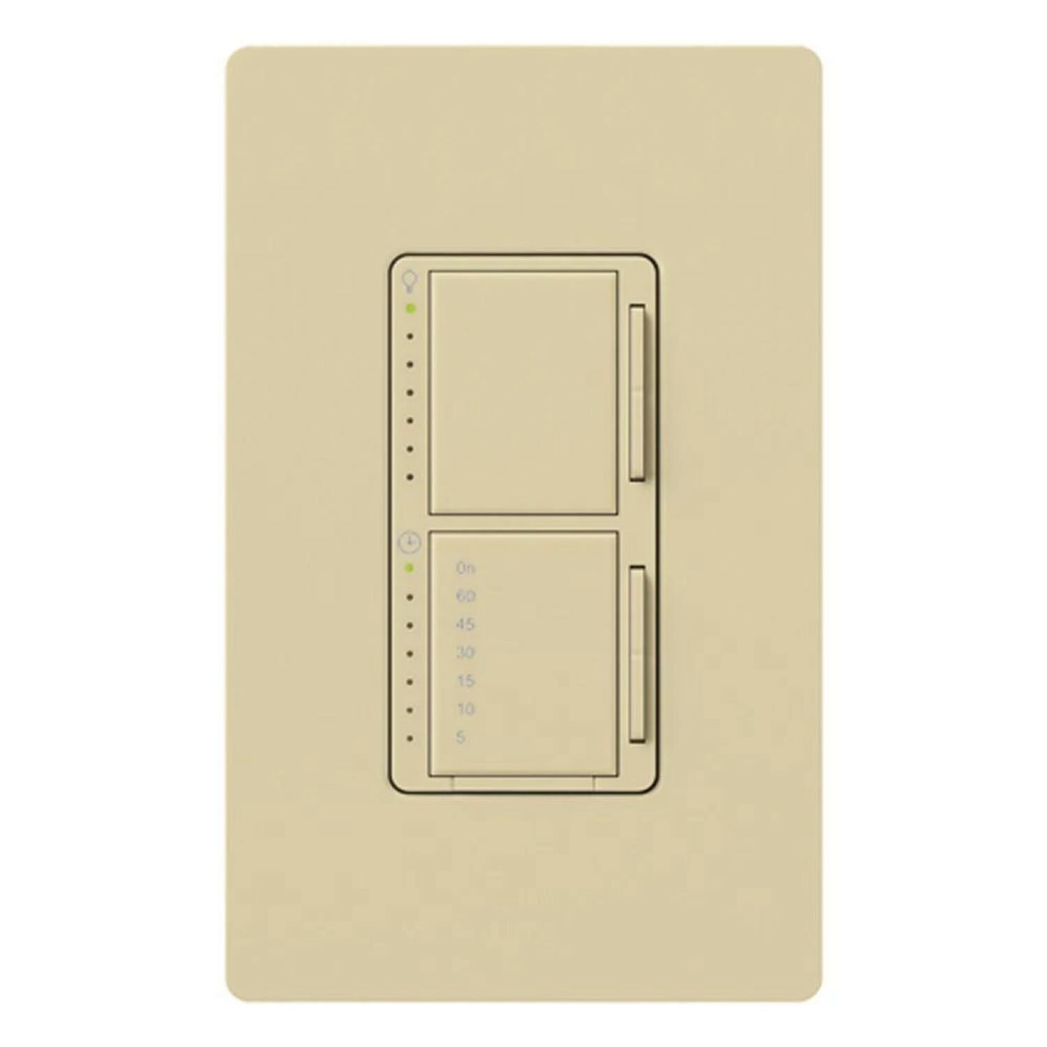Maestro Dual Incandescent/Halogen Dimmer and Switch, Single-pole, clamshell packaging, wallplate included, White finish, 120V/300W dimmer, 2.5A switch in ivory