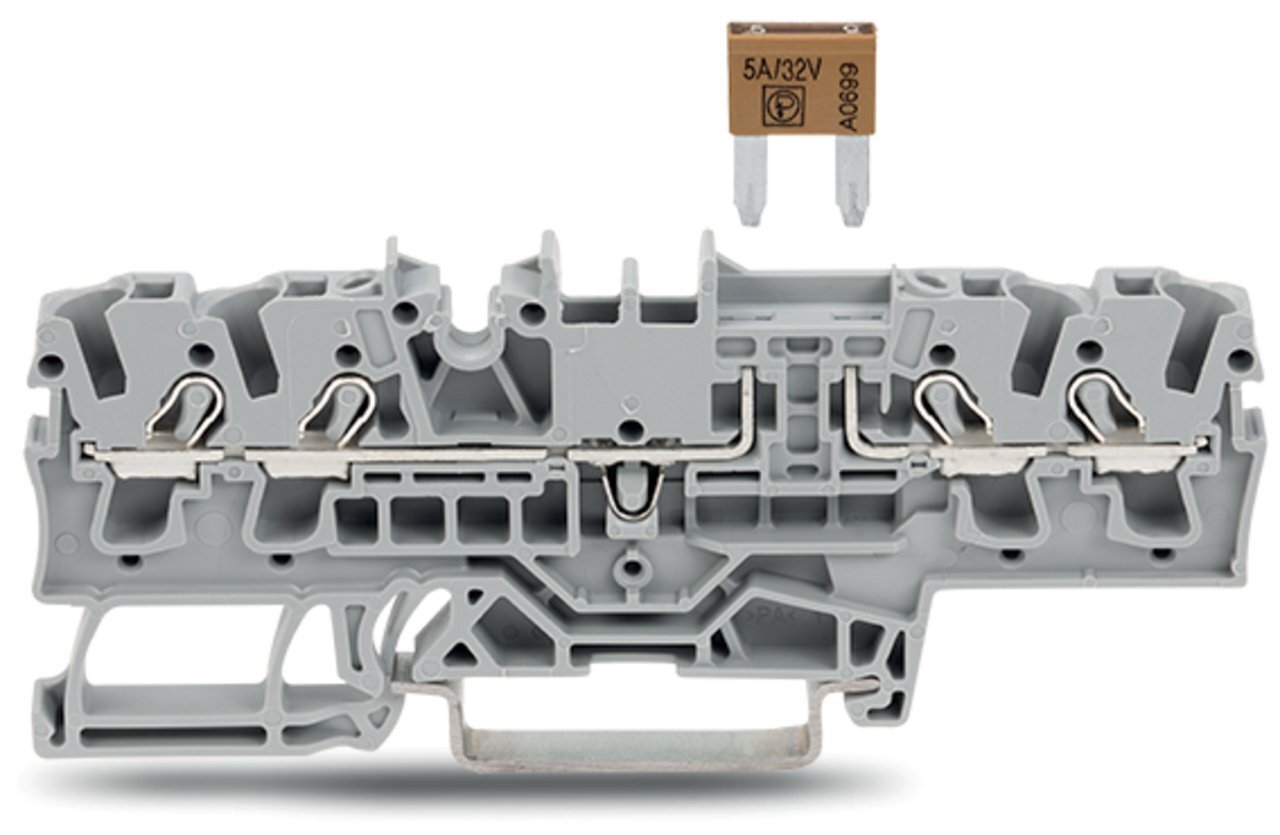 4-conductor fuse terminal block; for mini-automotive blade-style fuses; with test option; without blown fuse indication; 2.5 mm; Push-in CAGE CLAMP; 2,50 mm; gray