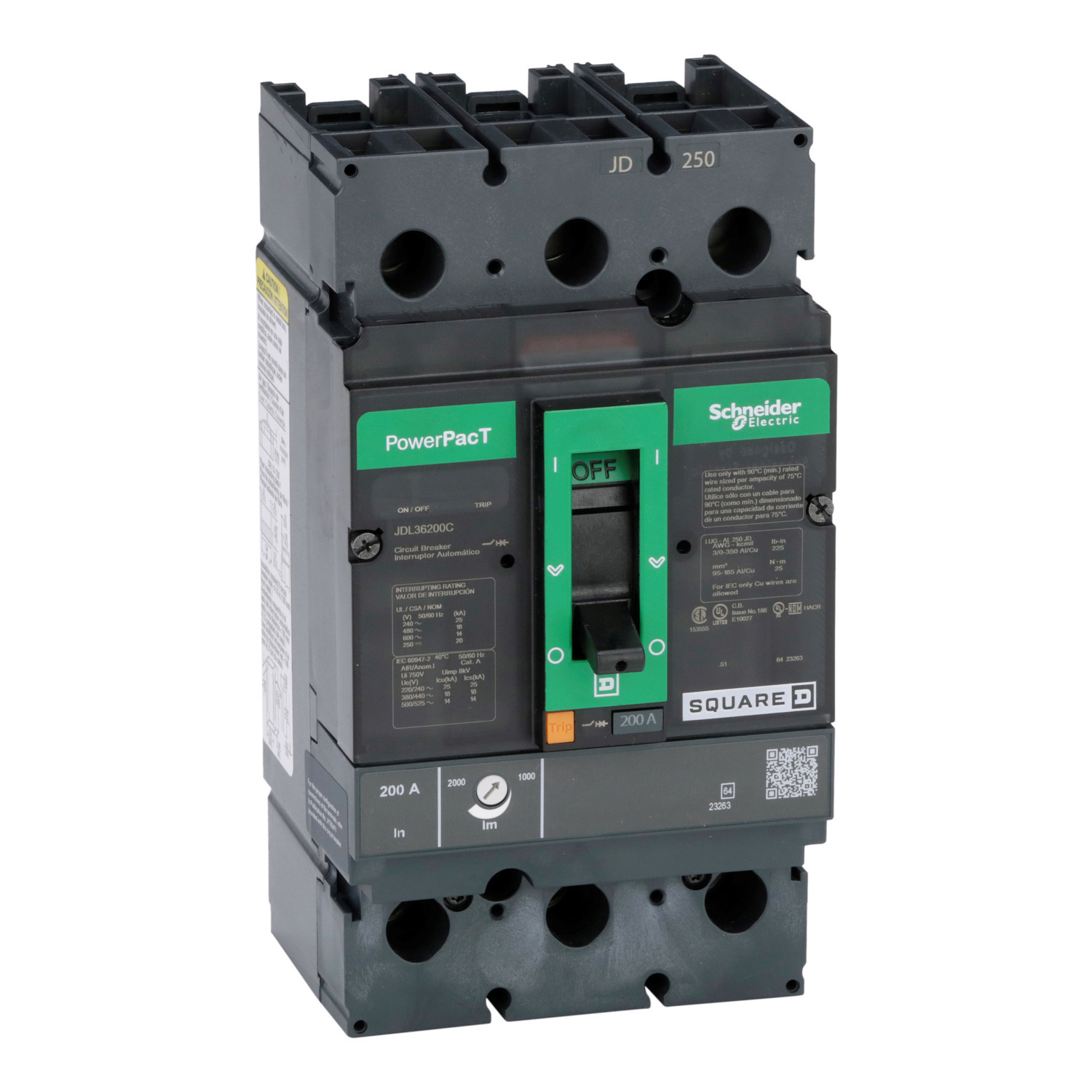 Circuit breaker, PowerPacT J, 200A, 3 pole, 600VAC, 14kA, lugs, thermal magnetic, 100%